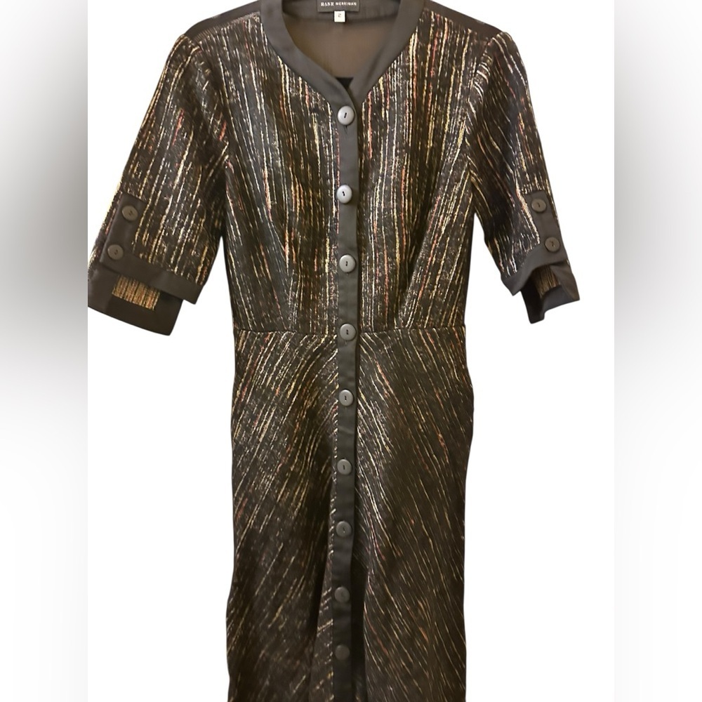Hanh Merrima Black vertical striped pattern dark colors Button-Down Dress size 8 - Picture 8 of 15